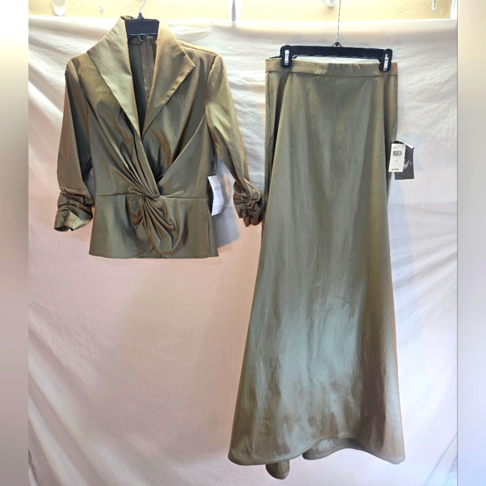 TADASHI SHOJI TAFFETA Women's 8 Green Stretch Maxi Brown Skirt Suit Set New - Picture 2 of 7